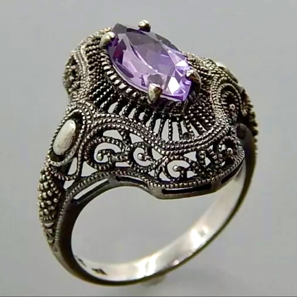 Vintage Turkish 925 Filigree Amethyst Ring 6